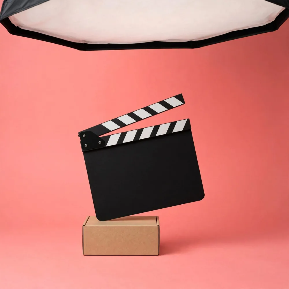 A clapperboard and a product box