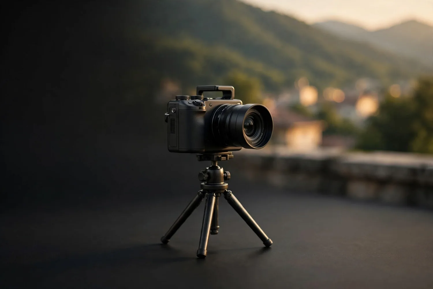 A camera on a rooftop with mountains behind