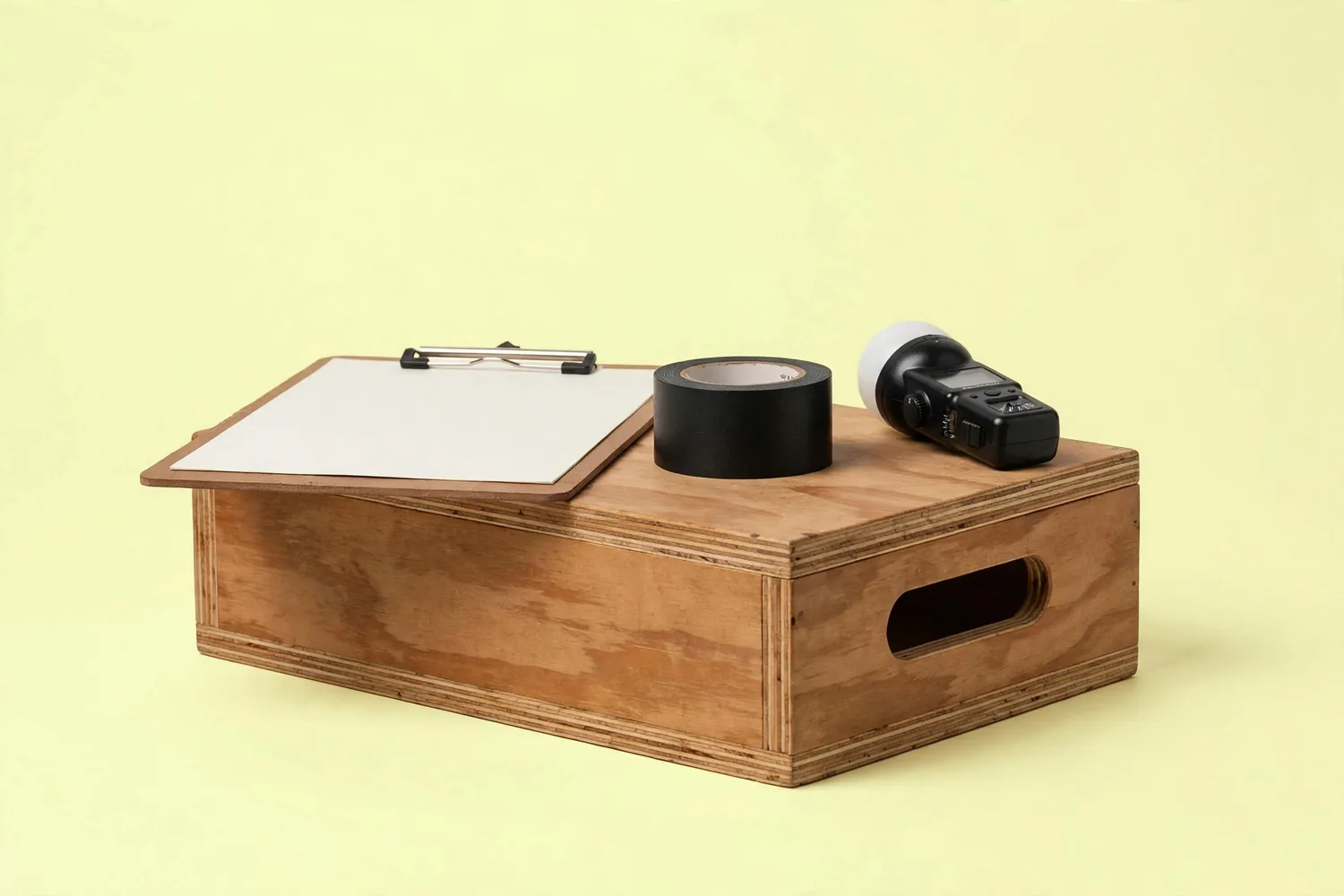 A clipboard, tape and a light meter